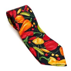 Vtg‎ LANDS END Men's 100% Silk Red Yellow Hot Spicy Chili Peppers Neck Tie USA